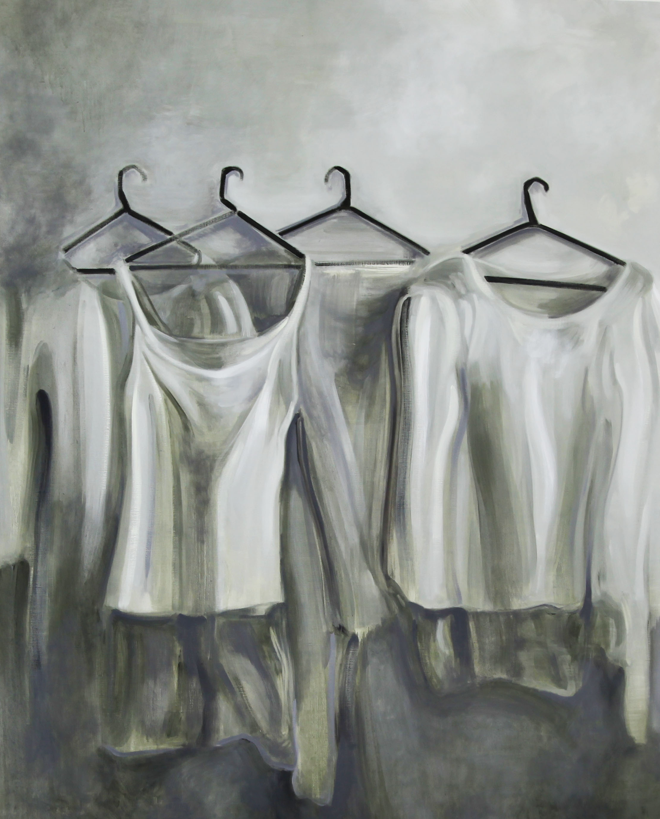 油絵で描いた、4枚の白い服です。タイトルは抵抗し得ない外的要因です。2015年制作、サイズが1620×1300ミリです。