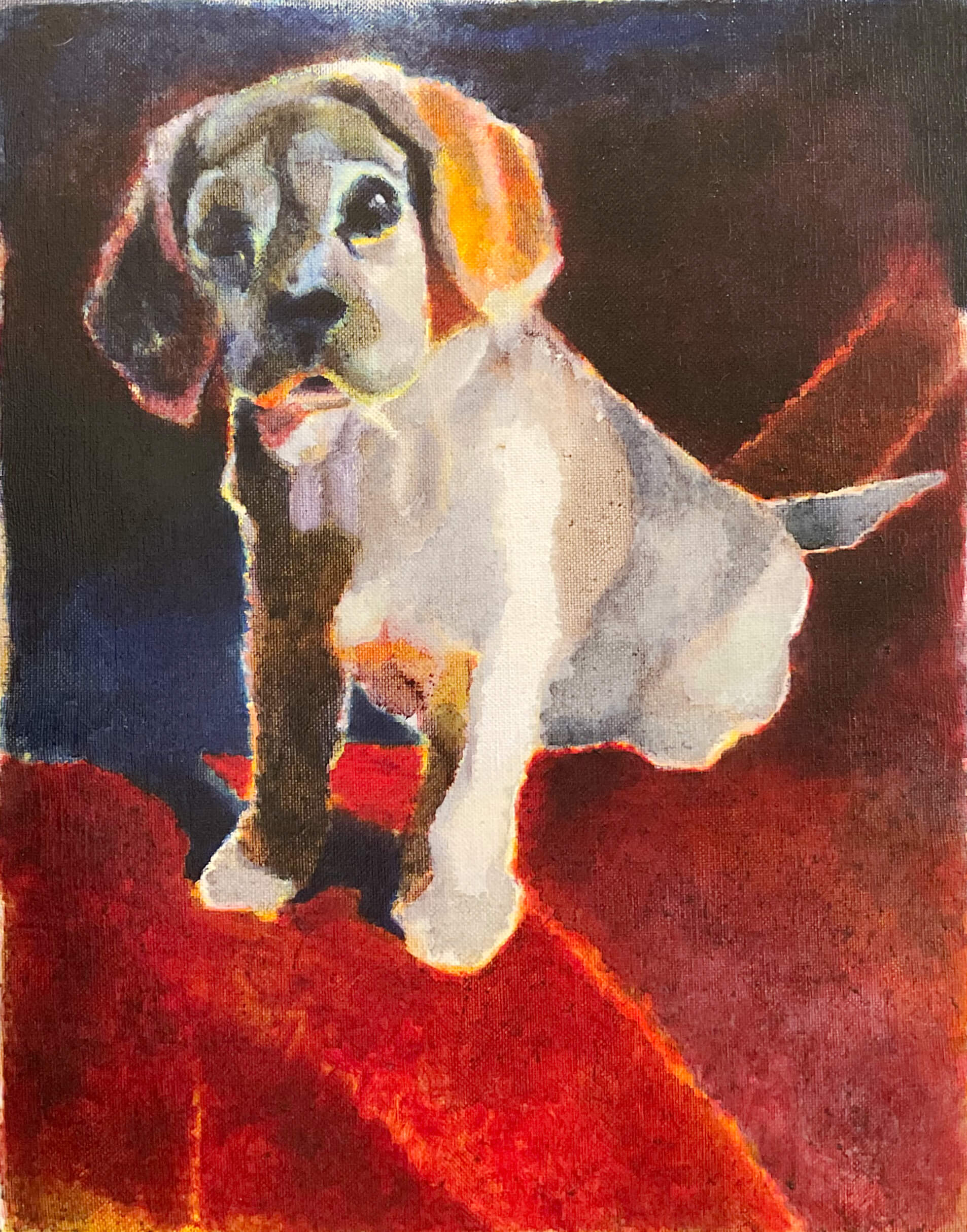 油絵で描いた、ビーグル犬です。タイトルは犬です。2018年制作、サイズが530×455ミリです。